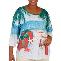 Plus Christmas Beach Cocktails Embellished 3/4 Sleeve Top