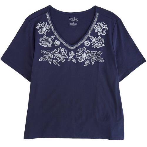 Coral Bay Plus Embroidered V-Neck Short Sleeve Top