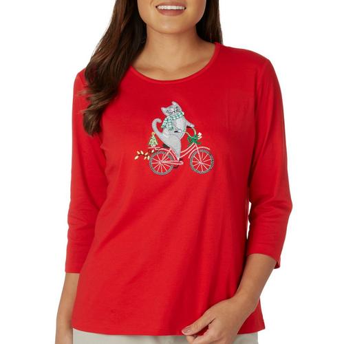 Plus Christmas Bicycle Cat Embroidered 3/4 Sleeve Top