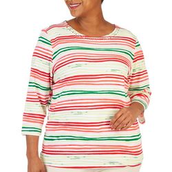 Coral Bay Plus Holiday Stripe Embellished 3/4 Sleeve Top