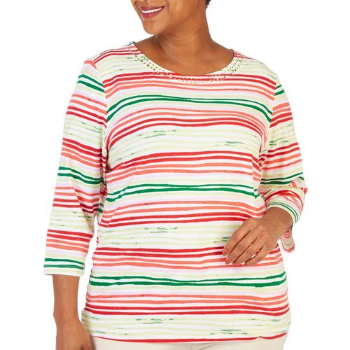 Coral Bay Plus Holiday Stripe Embellished 3/4 Sleeve