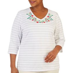 Plus Embroidered Christmas Garland V Neck 3/4 Sleeve Top