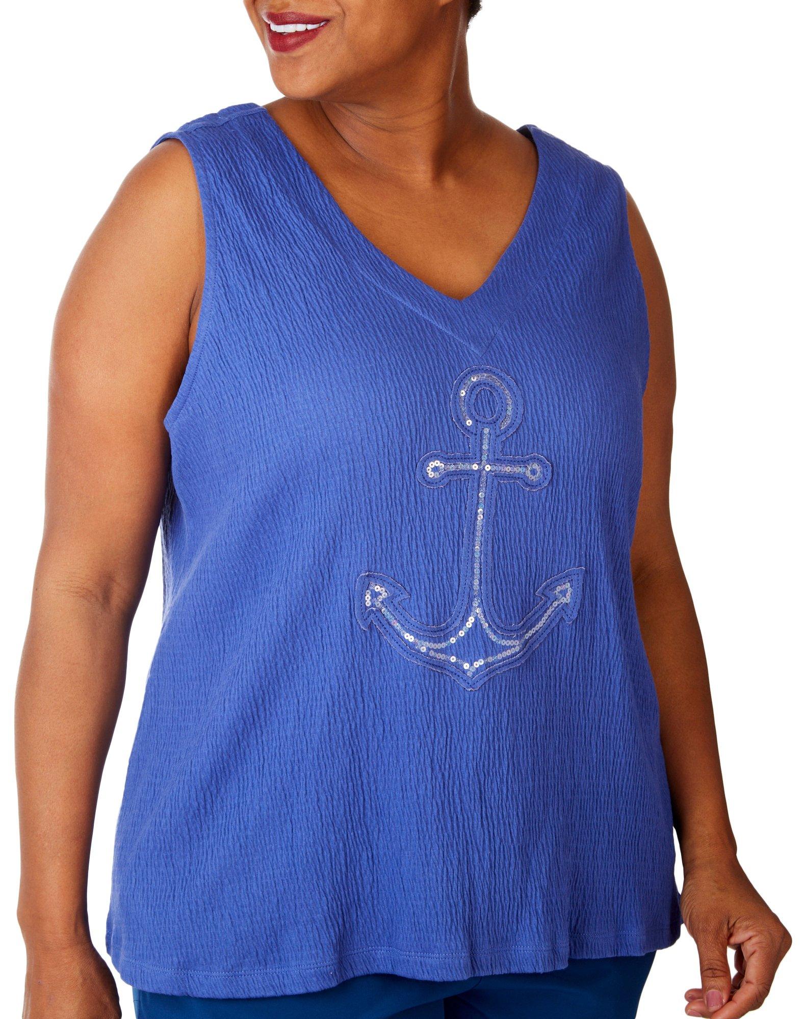 Plus Anchor Embellished Crinkle V Neck Sleeveless Top