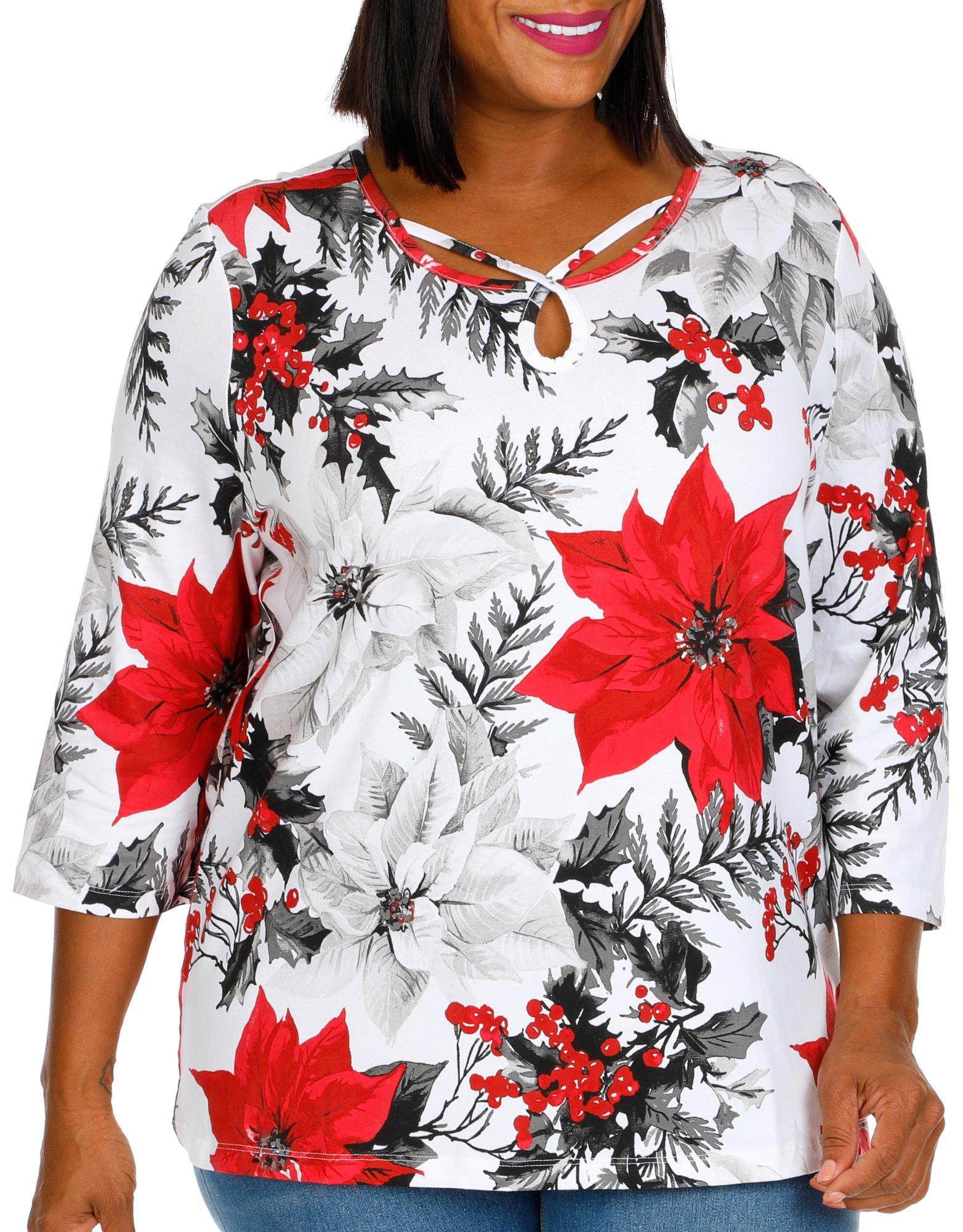 Coral Bay Plus Holiday Poinsettia 3/4 Sleeve Top