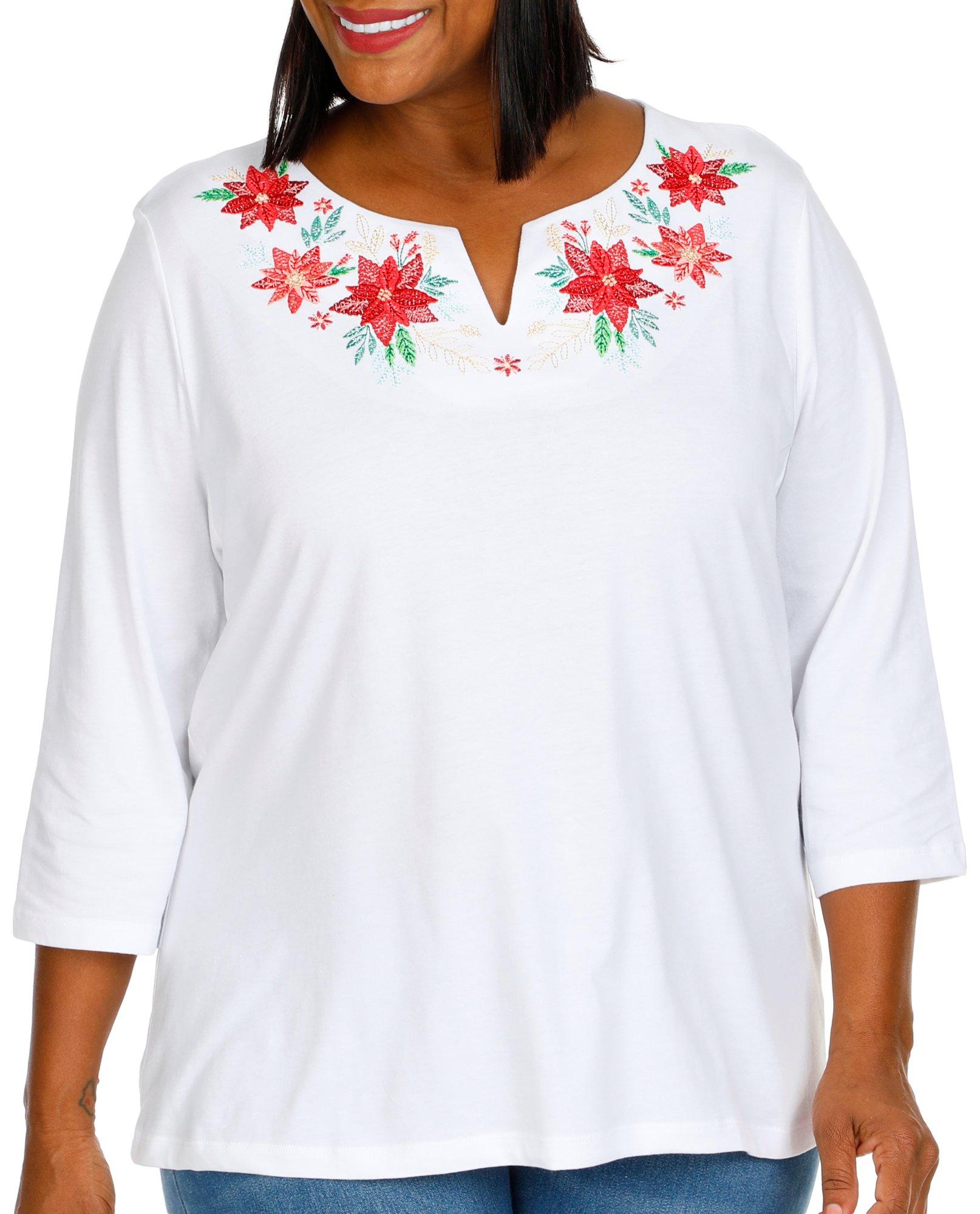 Coral Bay Plus Embroidered Poinsettia 3/4 Sleeve Top