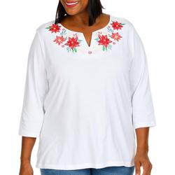 Plus Embroidered Poinsettia 3/4 Sleeve Top