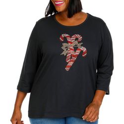 Coral Bay Plus Holiday Candy Canes 3/4 Sleeve Top