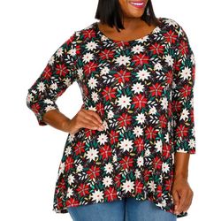 Khakis & Co Plus Holiday Poinsettia Print 3/4 Sleeve Top