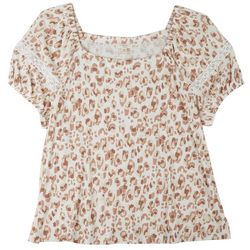 Plus Animal Print Square Neck Puff Lace Short Sleeve Top