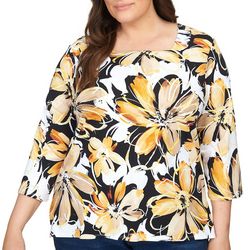 Plus Tropical Flower Square Neck 3/4 Sleeve Top