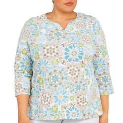 Alfred Dunner Plus Geometric Floral 3/4 Sleeve Top