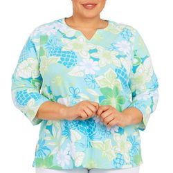 Alfred Dunner Plus Floral Pineapple 3/4 Sleeve Top