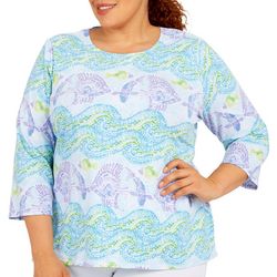 Alfred Dunner Plus Fish Mosaic 3/4 Sleeve Top