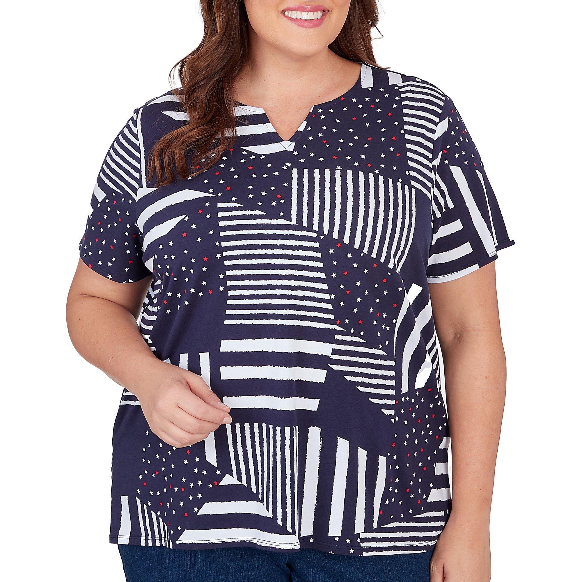 Alfred Dunner Plus Americana Notch Neck Short Sleeve Top