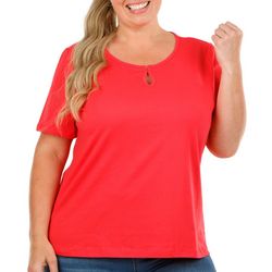 Coral Bay Plus Solid Round Keyhole Neck Short Sleeve Top