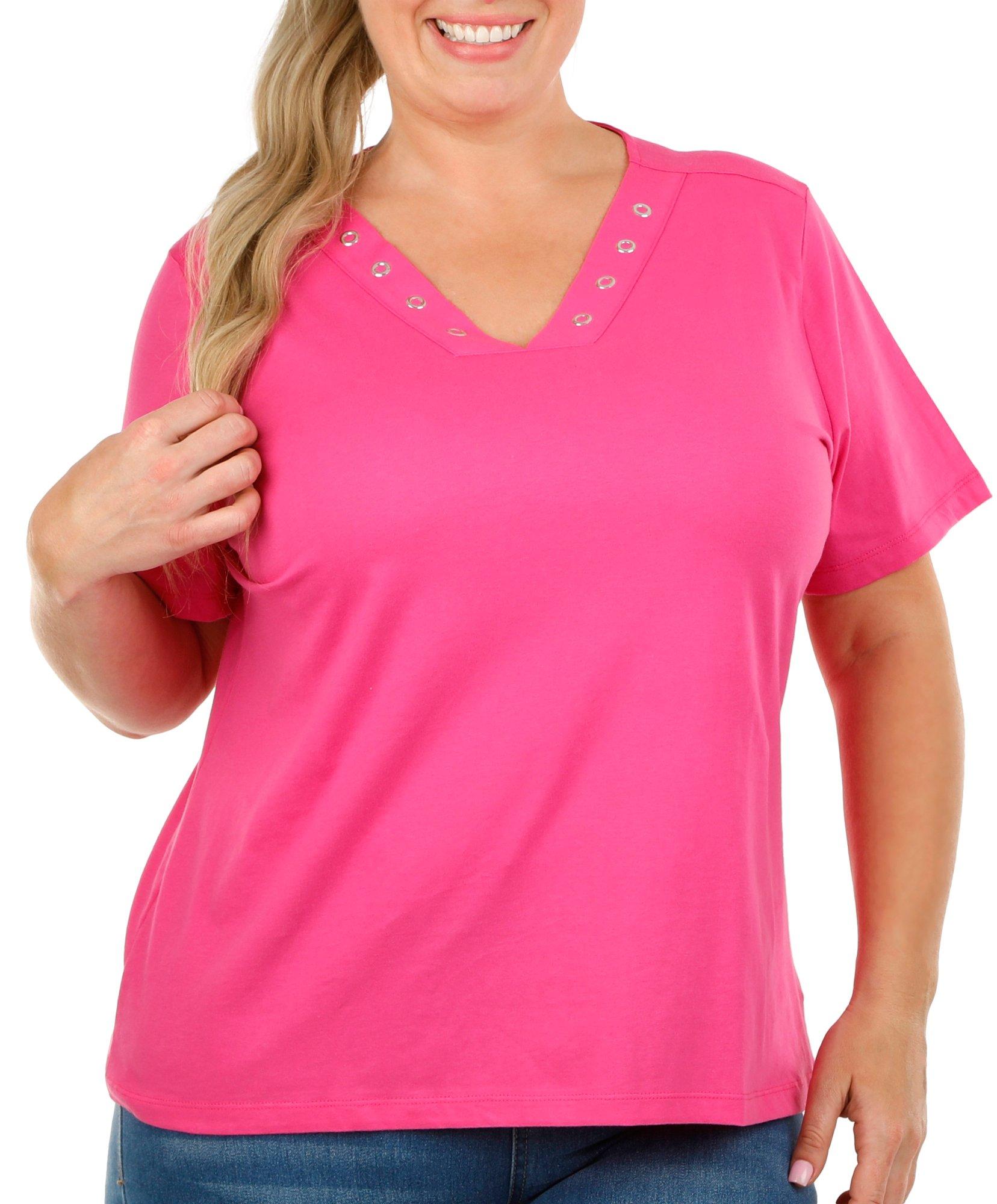 Coral Bay Plus Solid Grommet V-Neck Short Sleeve Top