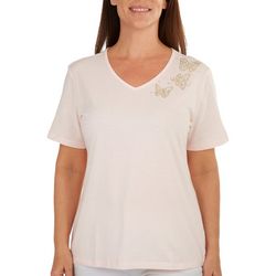 Coral Bay Plus Butterfly Jeweled V Neck Short Sleeve Top