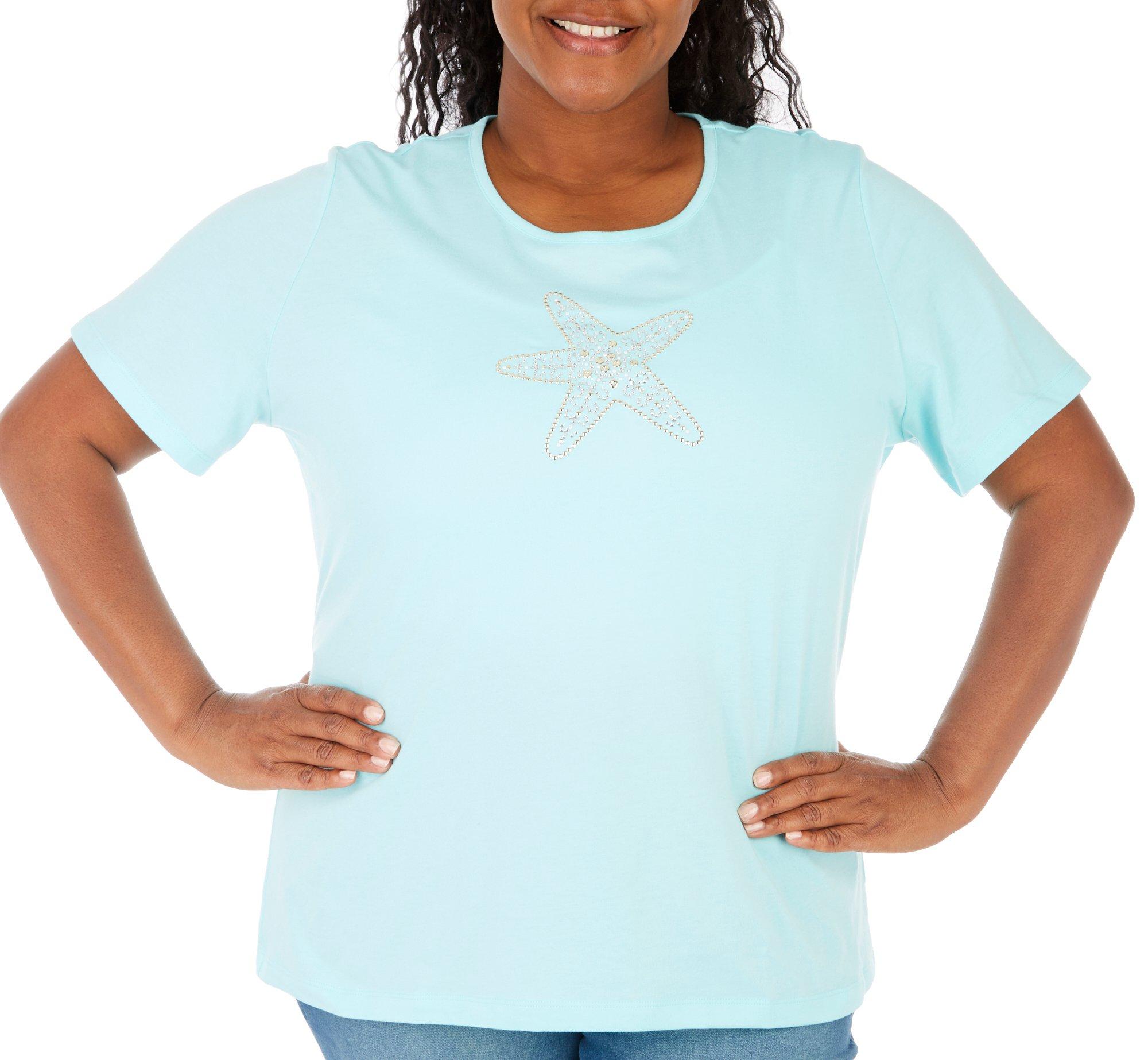 Plus Solid Jeweled Starfish Short Sleeve Top