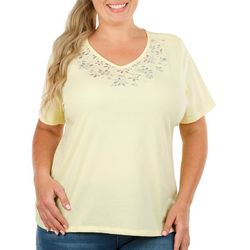 Coral Bay Plus Solid Jeweled V Neck Short Sleeve Top