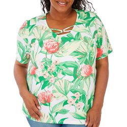 Coral Bay Plus Floral O-Ring Crisscross Short Sleeve Top