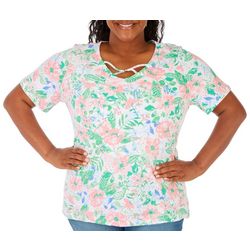 Coral Bay Plus Floral Beaded Crisscross Short Sleeve Top