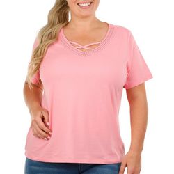 Coral Bay Plus Solid Lace V-Neck Short Sleeve Top