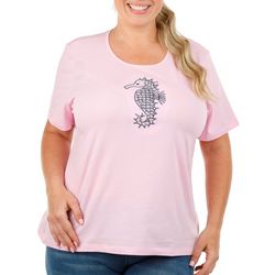 Coral Bay Plus Embroidered Seahorse Short Sleeve Top