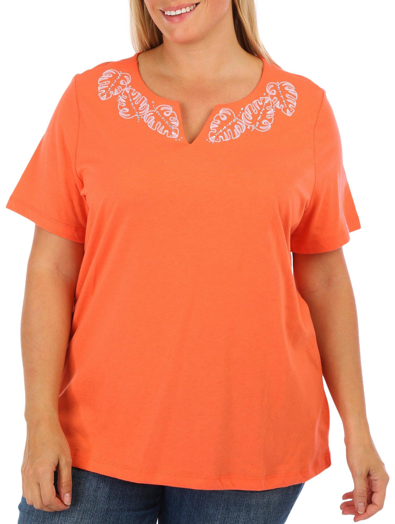 Coral Bay Plus Split Embrodered Frond Short Sleeve Tee