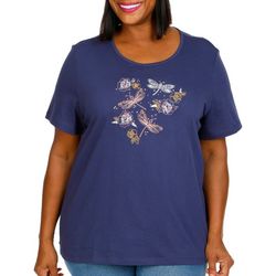Coral Bay Plus Embroidered Dragonflies Short Sleeve Top
