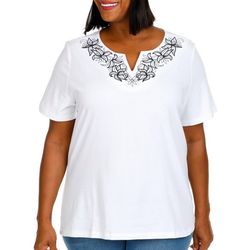 Coral Bay Plus Embroidered Notch Neck Short Sleeve Top