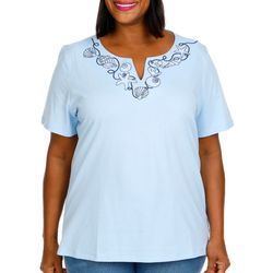 Plus Seashore Embroidered Notch Neck Short Sleeve Top