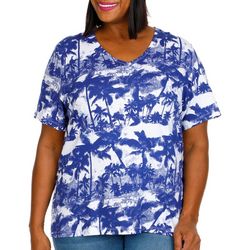 Coral Bay Plus Palm Print Henley Short Sleeve Top