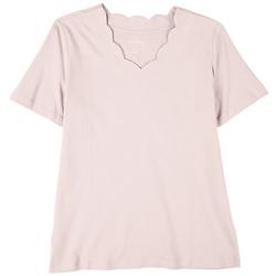 Plus Solid Scalloped V-Neck Short Sleeve Top