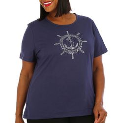 Coral Bay Plus Crew Jeweled Anchor Short Sleeve Top