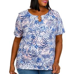 Coral Bay Plus Print Double O-Ring Keyhole Short Sleeve Top
