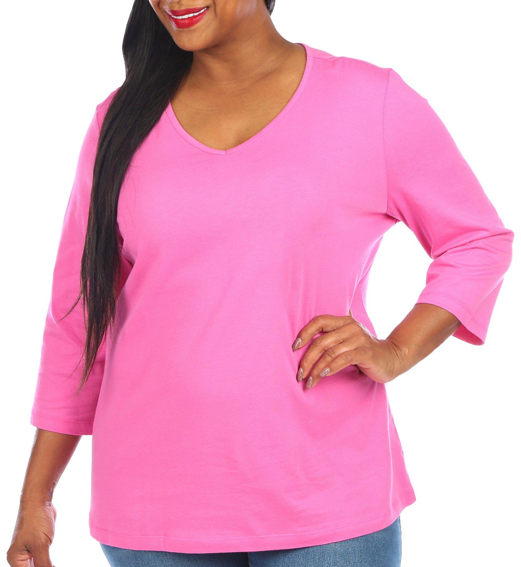 Plus Solid V-Neck 3/4 Sleeve Top