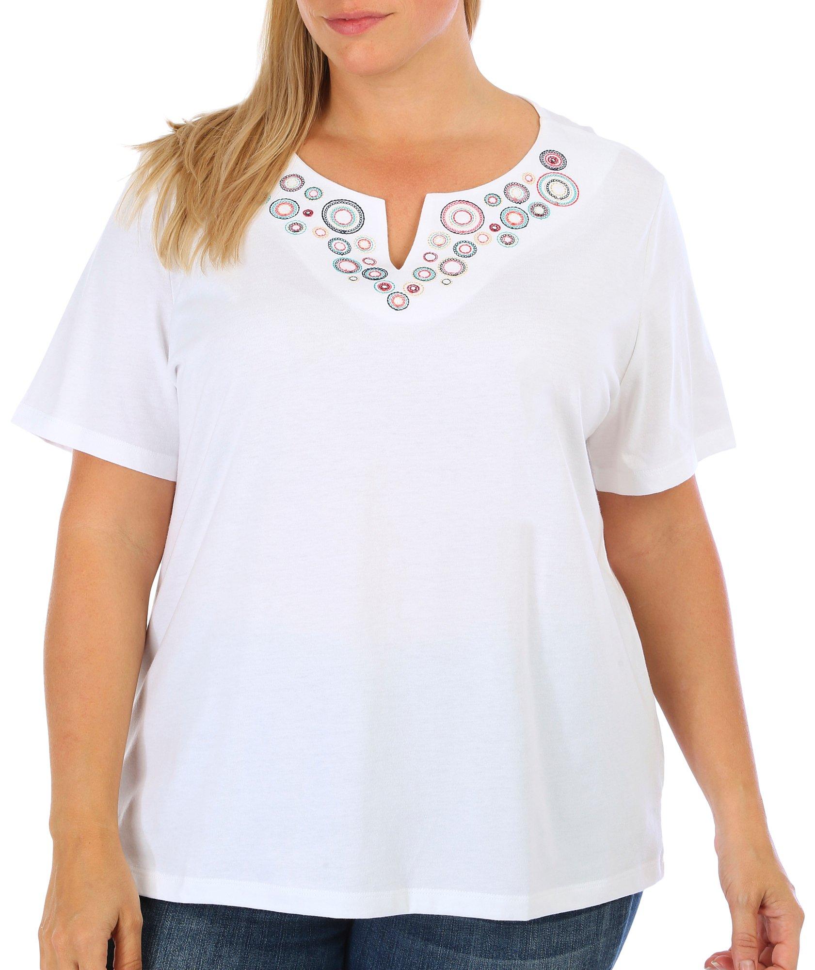 Coral Bay Plus Embroidered Notch Neck Short Sleeve