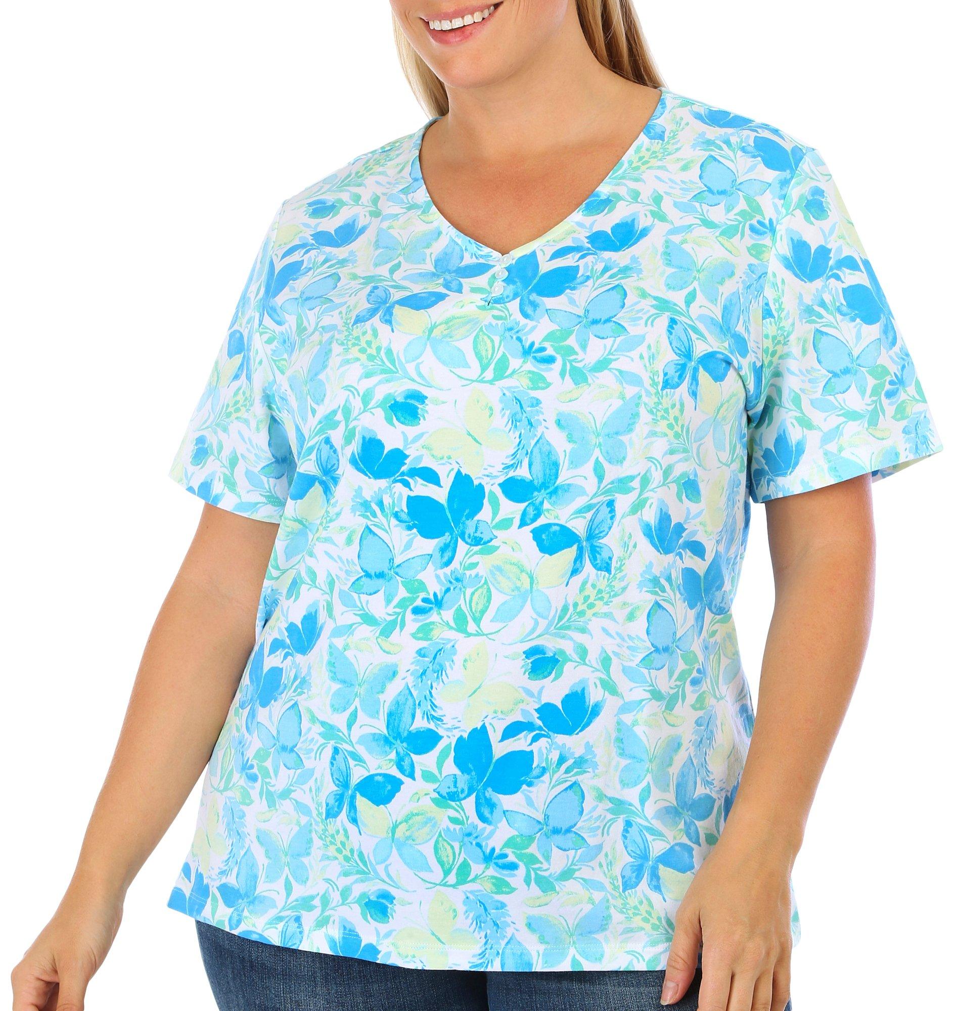 Coral Bay Plus Butterfly Print Henley Short Sleeve Top