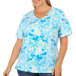 Coral Bay Plus Butterfly Print Henley Short Sleeve Top