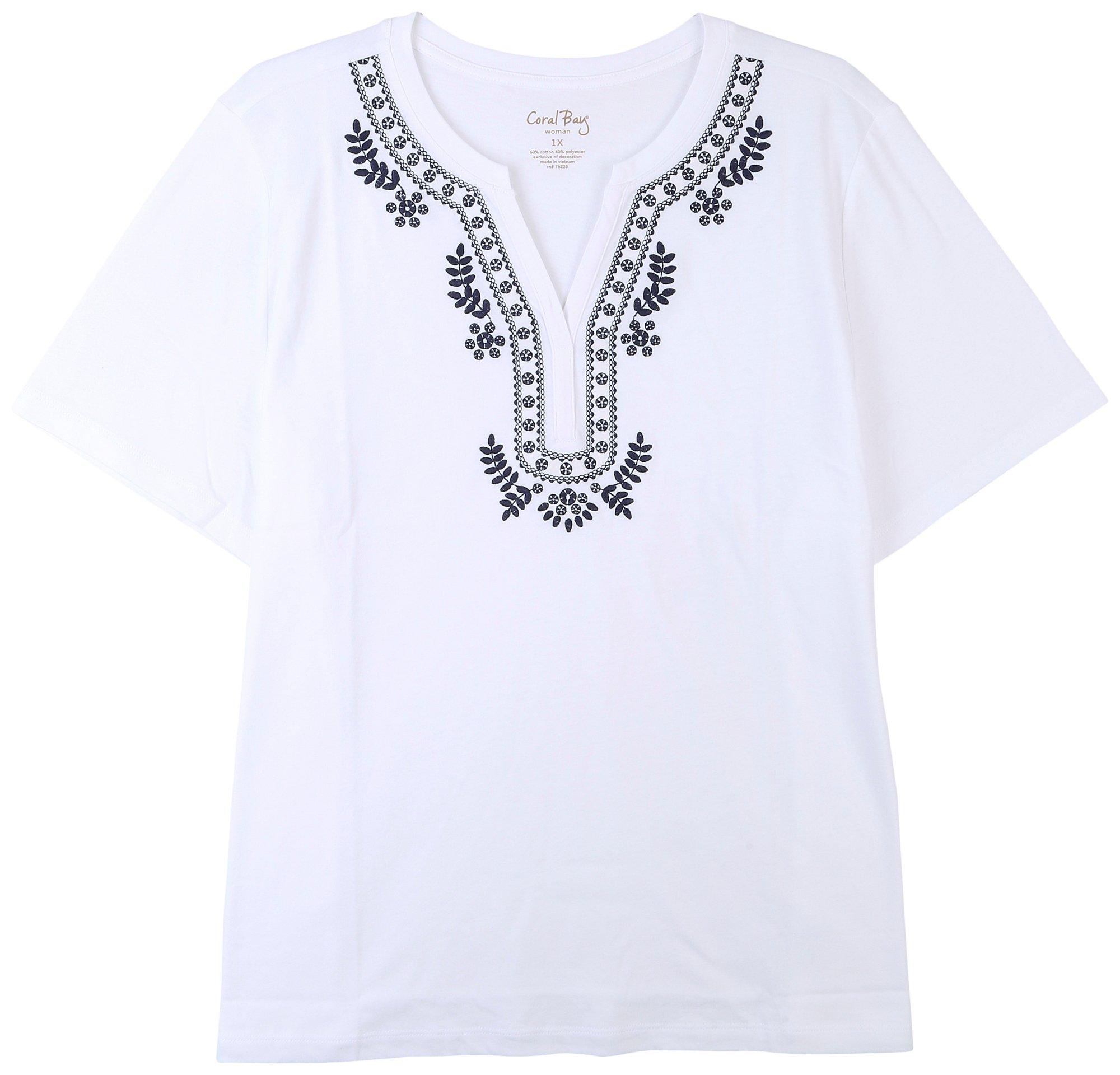Plus Embroidered Henley V-Neck Short Sleeve Tee