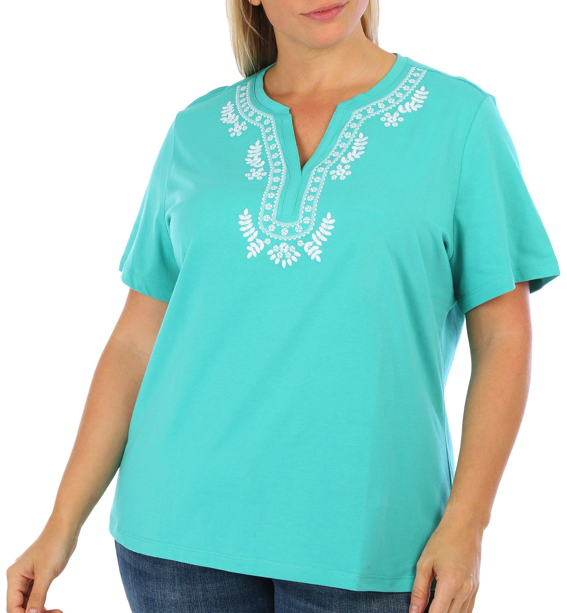 Coral Bay Plus Embroidered Henley V-Neck Short Sleeve Tee
