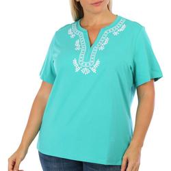 Plus Embroidered Henley V-Neck Short Sleeve Tee