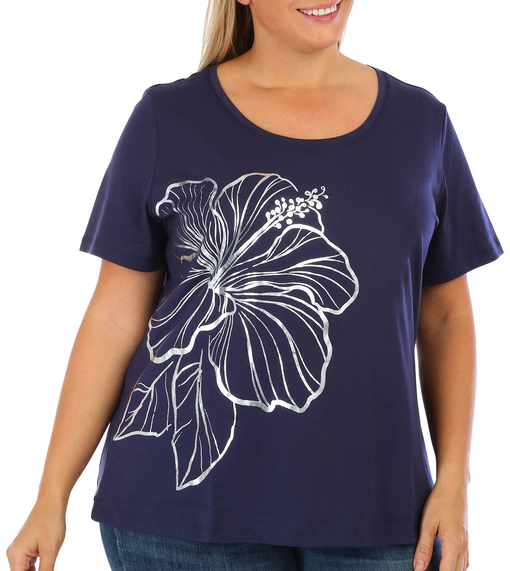 Coral Bay Plus Embellished Hibiscus Short Sleeve Top