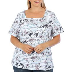 Coral Bay Plus Stripes Boats Square Neck Short Sleeve Top
