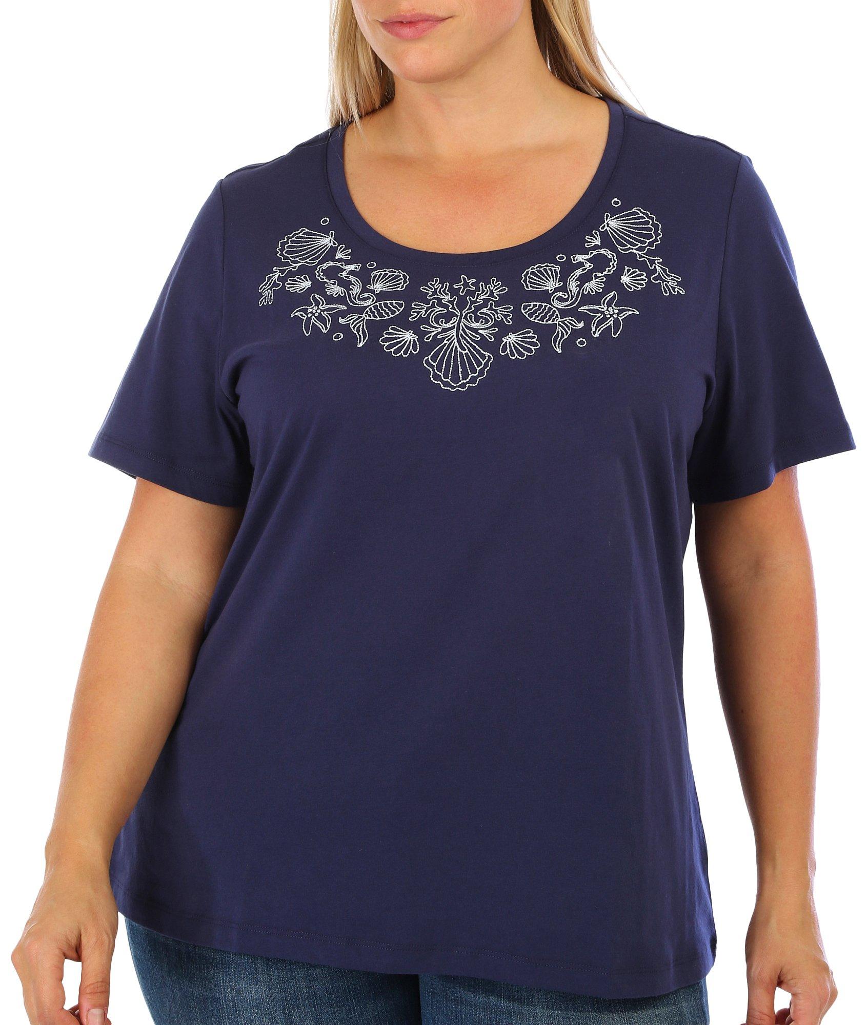 Plus Sealife Embroidery Short Sleeve Top