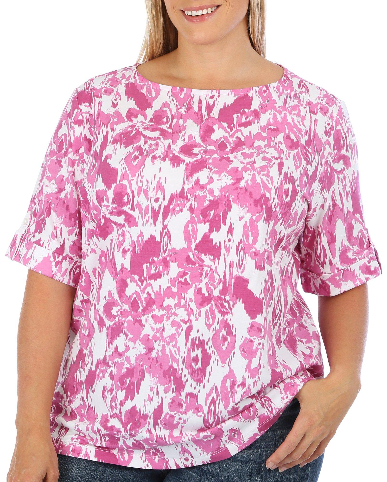 Coral Bay Plus Abstract Roll Tab Sleeve Top