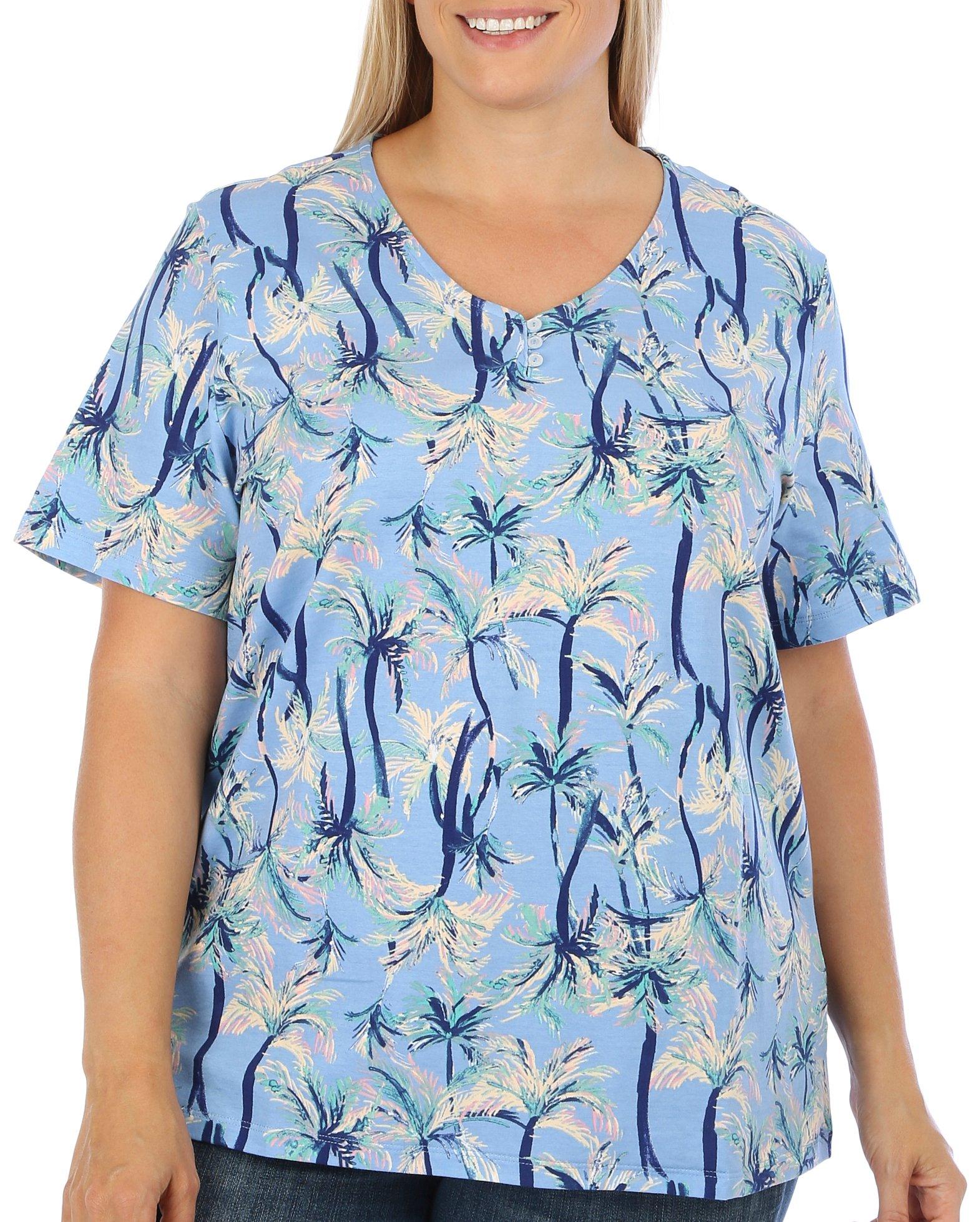 Coral Bay Plus Palm Print Henley Short Sleeve Top