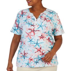Coral Bay Plus Starfish V-Neck Henley Short Sleeve Top