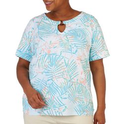 Coral Bay Plus Palm Frond O-Ring Keyhole Short Sleeve Top