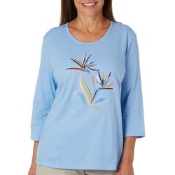 Coral Bay Plus Bird Of Paradise Embroidered 3/4 Sleeve Top